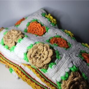 Vintage Crochet Knitted Afghan Throw Blanket Multi Color Granny 3D Flowers 90x60